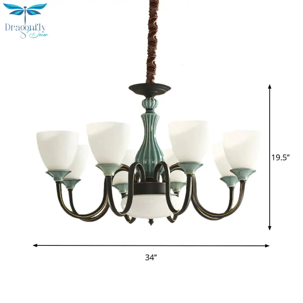 Green - Black Flared Shade Ceiling Chandelier Vintage Style Opal Glass 6/8 - Head Dining Room