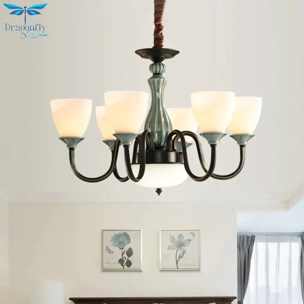 Green - Black Flared Shade Ceiling Chandelier Vintage Style Opal Glass 6/8 - Head Dining Room