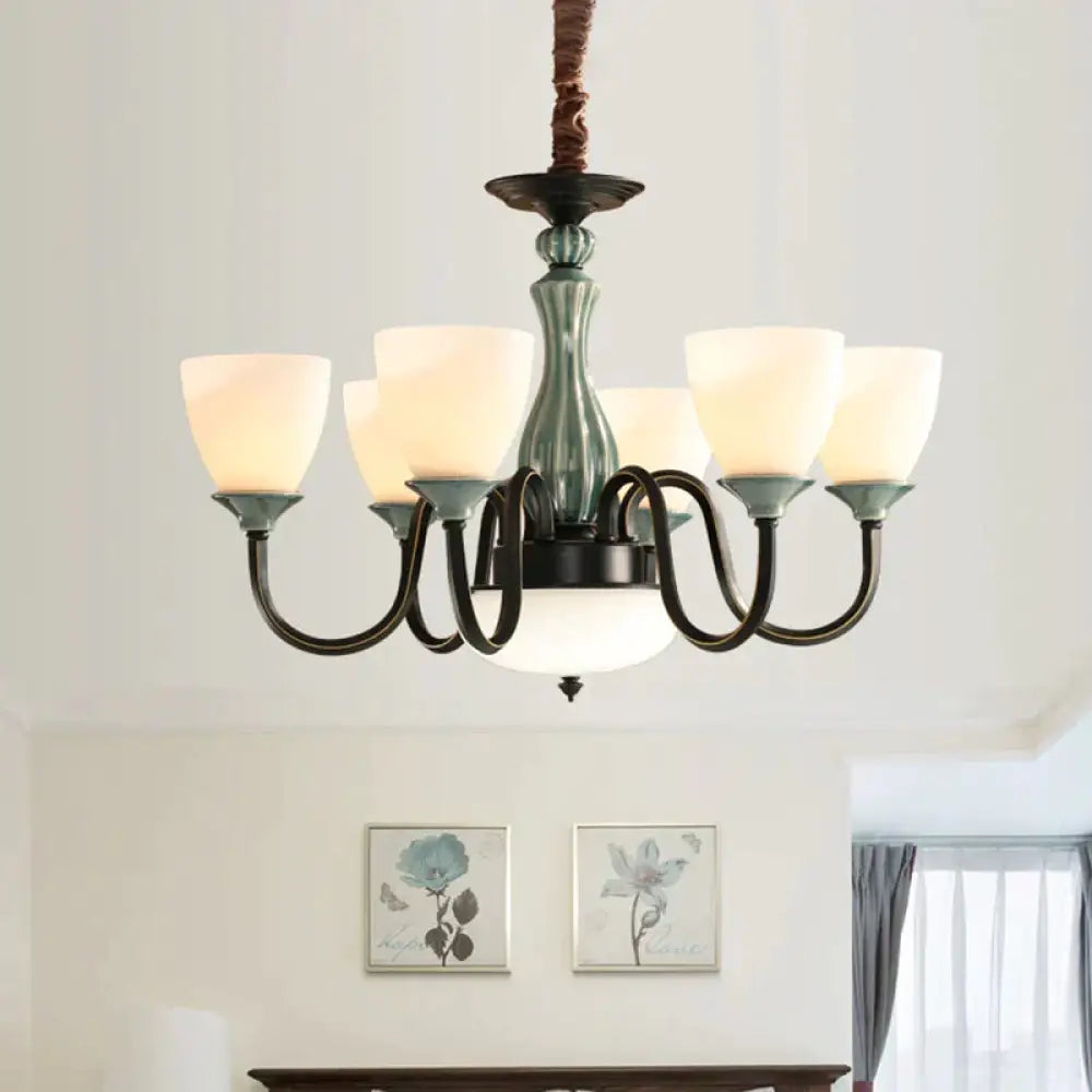 Green - Black Flared Shade Ceiling Chandelier Vintage Style Opal Glass 6/8 - Head Dining Room