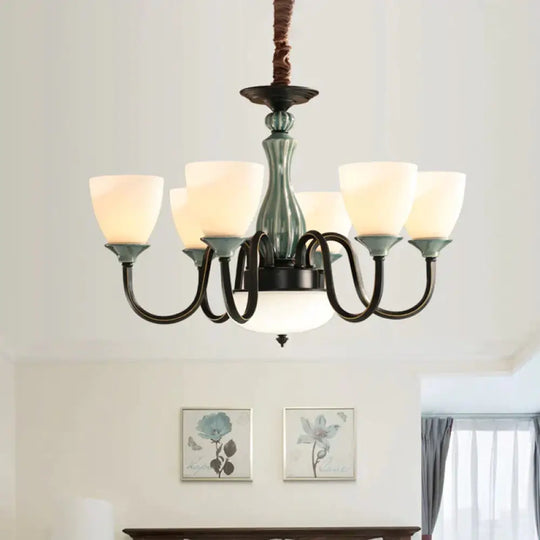 Green - Black Flared Shade Ceiling Chandelier Vintage Style Opal Glass 6/8 - Head Dining Room