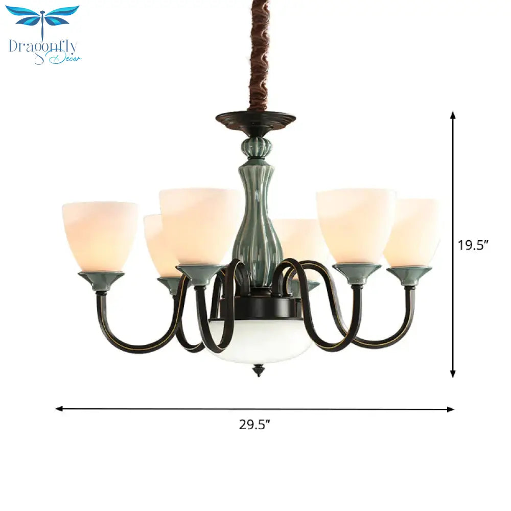Green - Black Flared Shade Ceiling Chandelier Vintage Style Opal Glass 6/8 - Head Dining Room