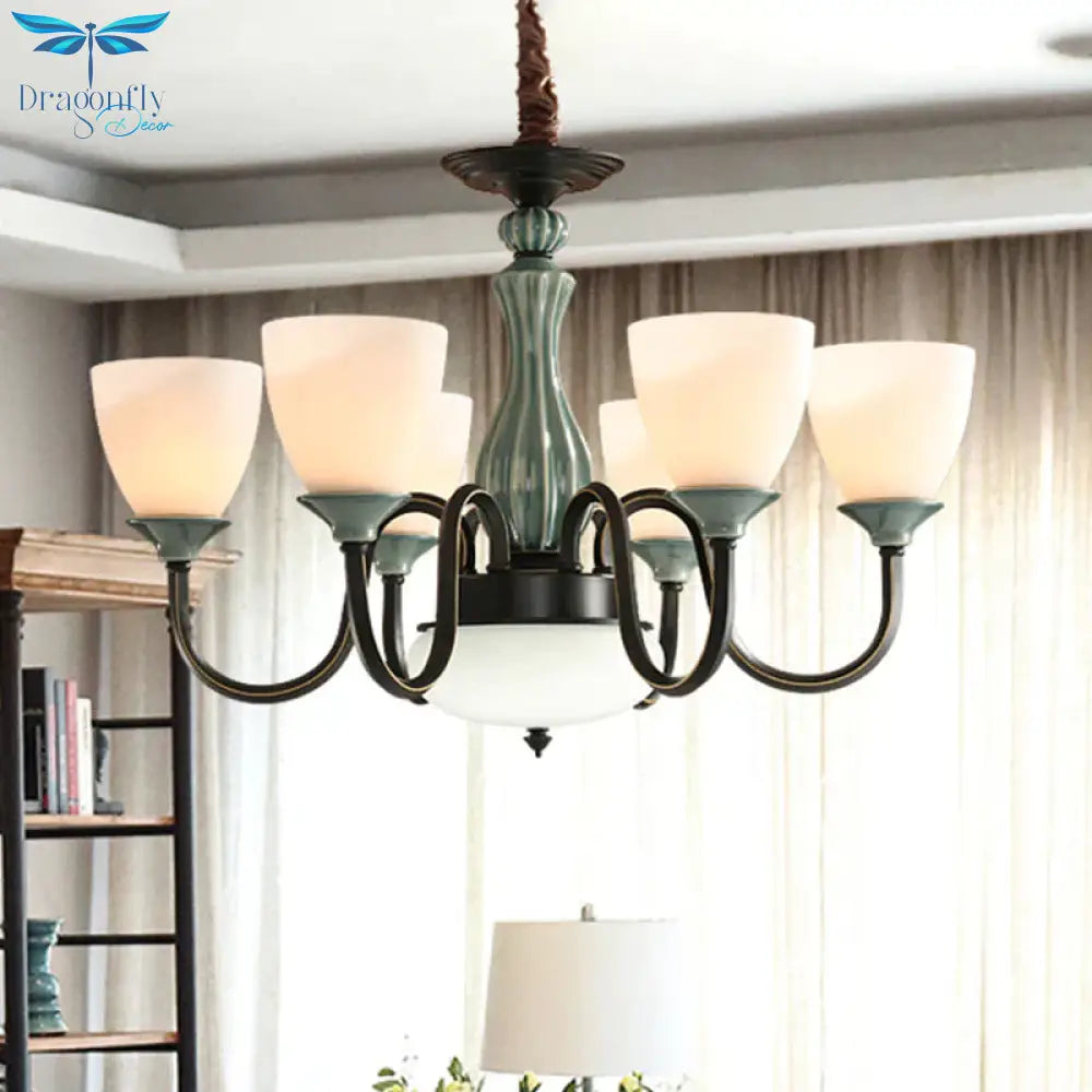 Green - Black Flared Shade Ceiling Chandelier Vintage Style Opal Glass 6/8 - Head Dining Room
