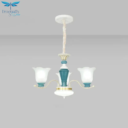Green Flower Shade Ceiling Hang Fixture Countryside Style Cream Glass 3/6 - Light Bedroom Pendant