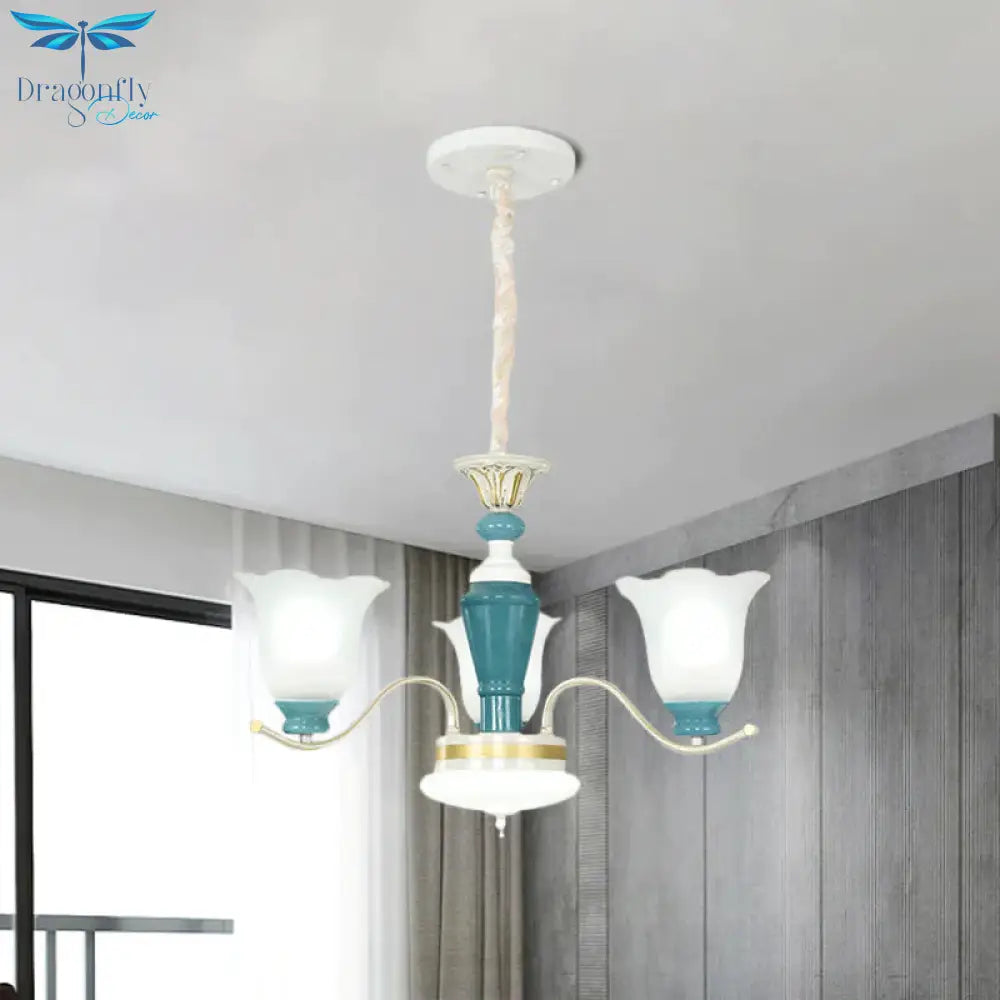 Green Flower Shade Ceiling Hang Fixture Countryside Style Cream Glass 3/6 - Light Bedroom Pendant