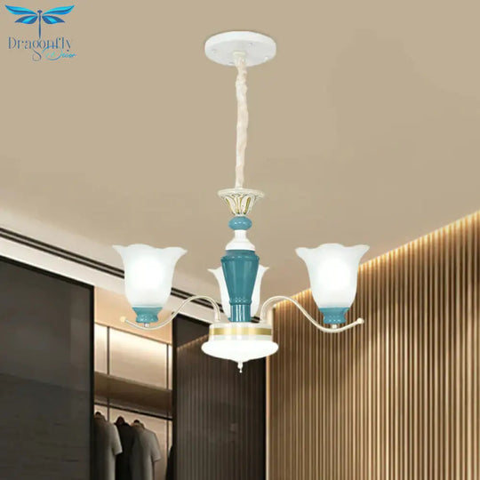 Green Flower Shade Ceiling Hang Fixture Countryside Style Cream Glass 3/6 - Light Bedroom Pendant