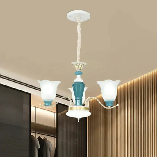 Green Flower Shade Ceiling Hang Fixture Countryside Style Cream Glass 3/6 - Light Bedroom Pendant