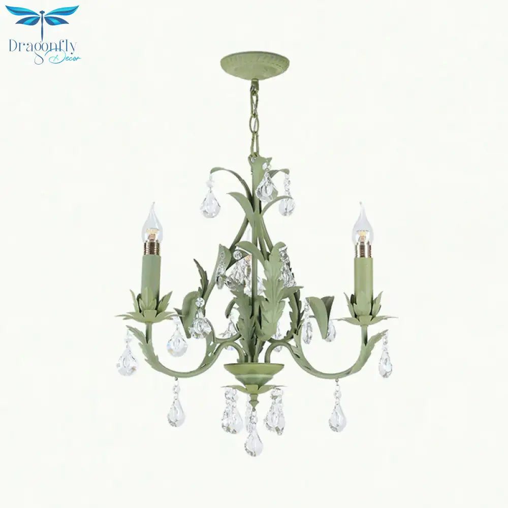 Green Foliage Design Candle Chandelier Countryside Iron 3 Lights Bedroom Ceiling Suspension Lamp