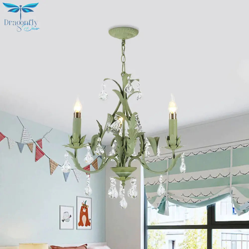 Green Foliage Design Candle Chandelier Countryside Iron 3 Lights Bedroom Ceiling Suspension Lamp