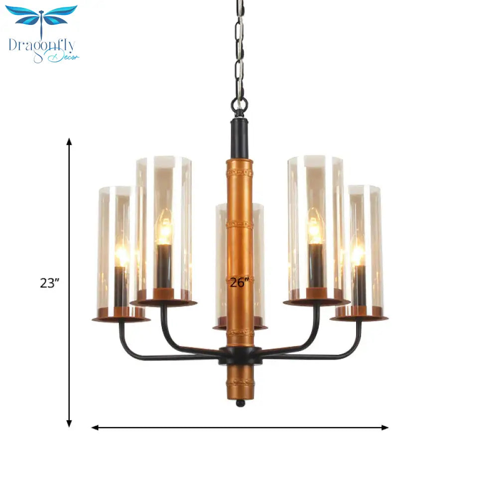Grey Glass Tubular Chandelier Lighting Modernist 3/5/6 Lights Living Room Pendant Lamp Kit In Gold