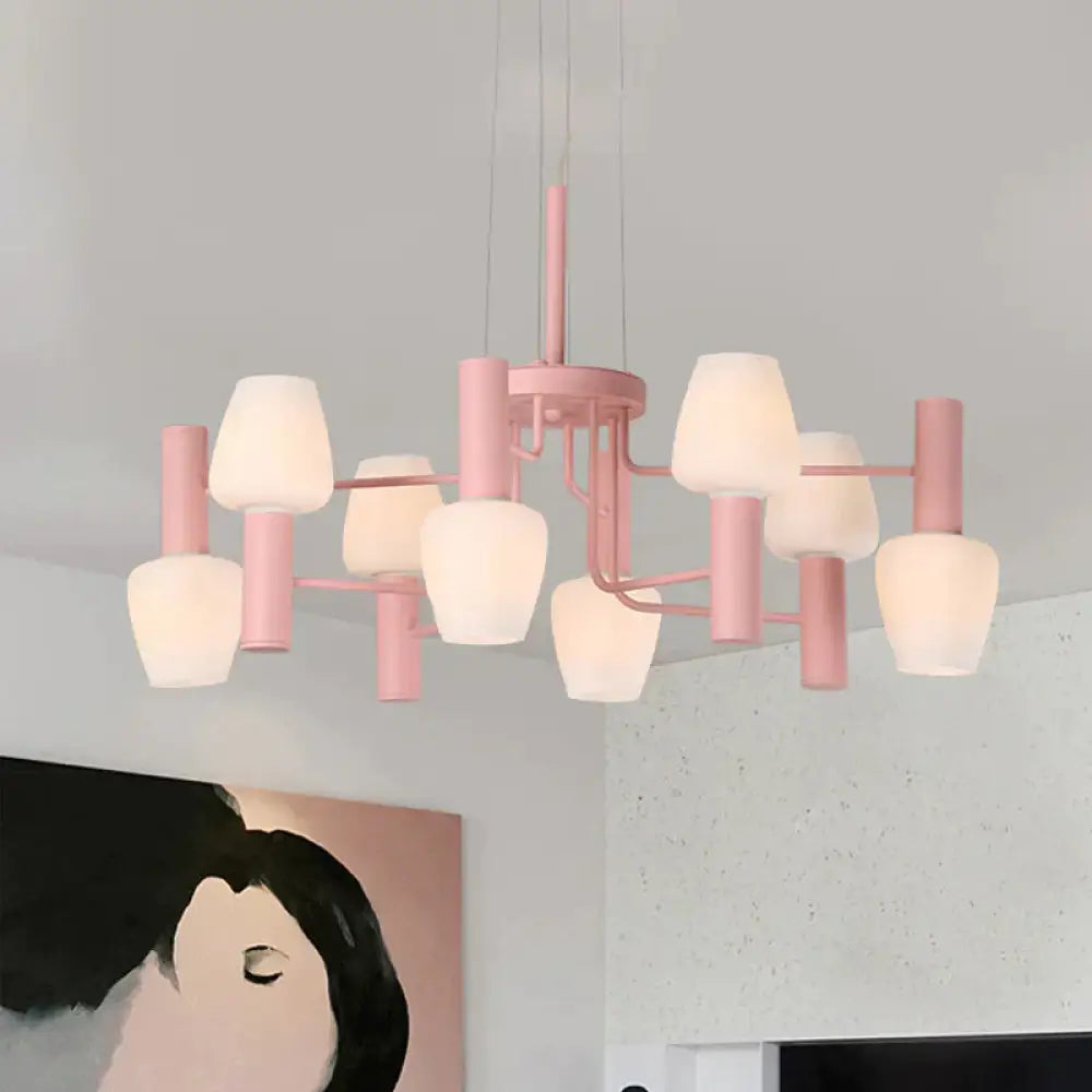 Grey/Pink/Yellow Conical Chandelier Lamp Modernist 8 Heads Frosted Glass Hanging Light For Living
