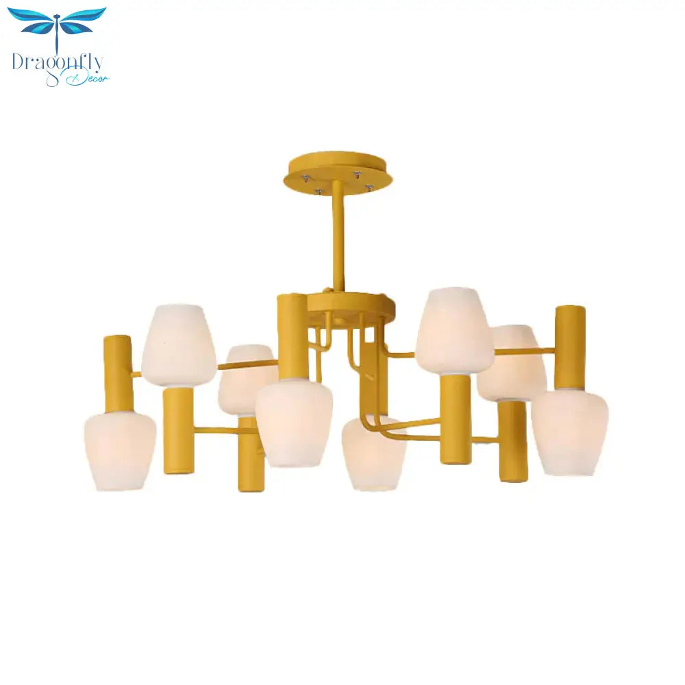 Grey/Pink/Yellow Conical Chandelier Lamp Modernist 8 Heads Frosted Glass Hanging Light For Living