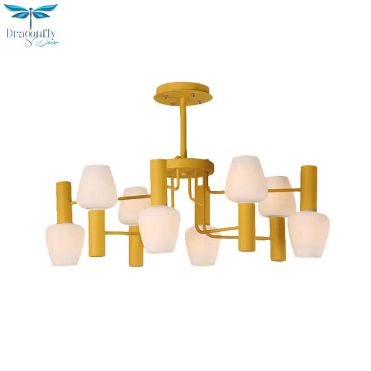 Grey/Pink/Yellow Conical Chandelier Lamp Modernist 8 Heads Frosted Glass Hanging Light For Living
