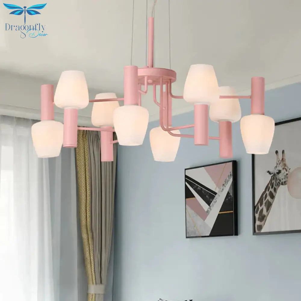 Grey/Pink/Yellow Conical Chandelier Lamp Modernist 8 Heads Frosted Glass Hanging Light For Living