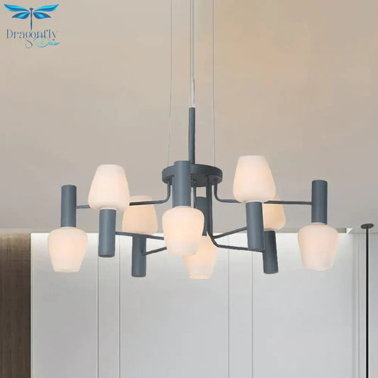 Grey/Pink/Yellow Conical Chandelier Lamp Modernist 8 Heads Frosted Glass Hanging Light For Living