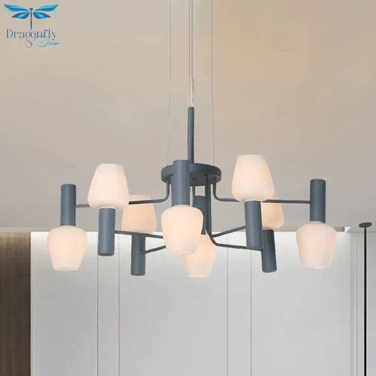 Grey/Pink/Yellow Conical Chandelier Lamp Modernist 8 Heads Frosted Glass Hanging Light For Living