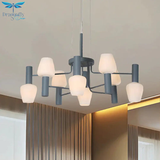 Grey/Pink/Yellow Conical Chandelier Lamp Modernist 8 Heads Frosted Glass Hanging Light For Living