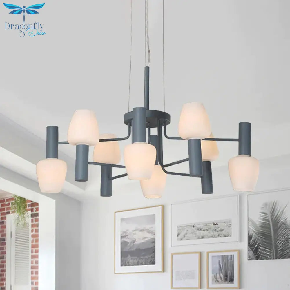 Grey/Pink/Yellow Conical Chandelier Lamp Modernist 8 Heads Frosted Glass Hanging Light For Living