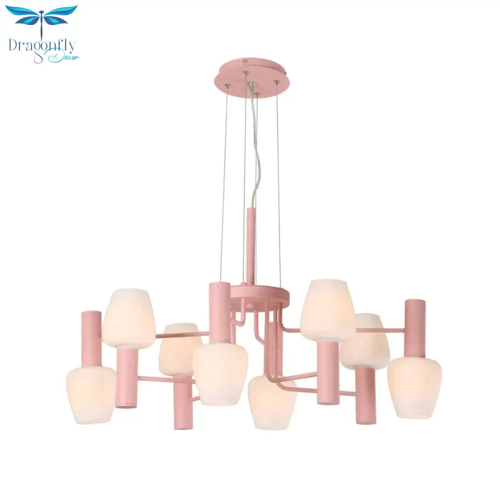 Grey/Pink/Yellow Conical Chandelier Lamp Modernist 8 Heads Frosted Glass Hanging Light For Living