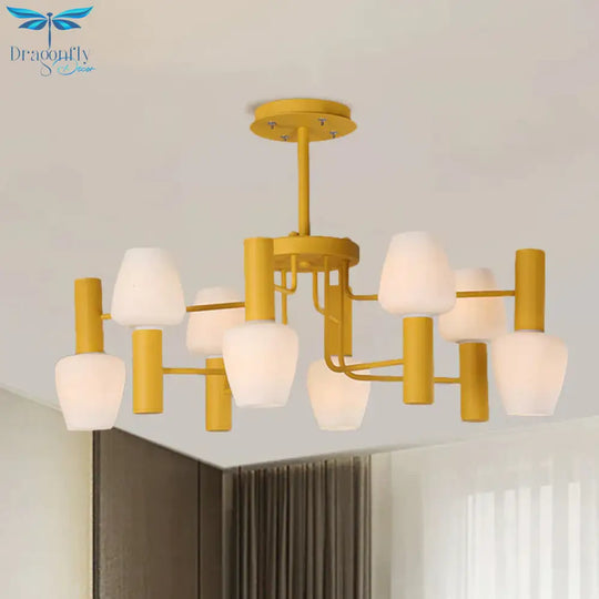 Grey/Pink/Yellow Conical Chandelier Lamp Modernist 8 Heads Frosted Glass Hanging Light For Living
