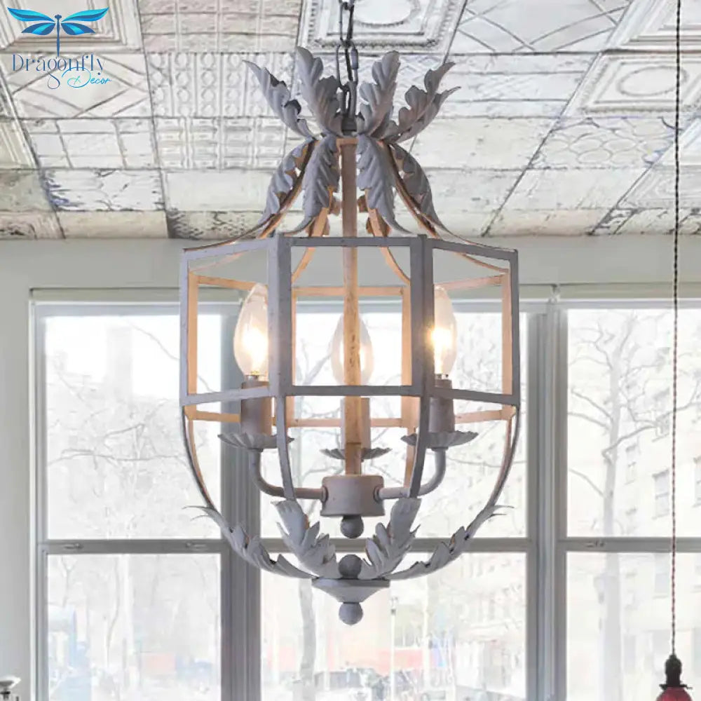 Grey/White/Gold Bird Cage Chandelier Lighting Rustic Metal 3 Bulbs Pendant Light Fixture For Living