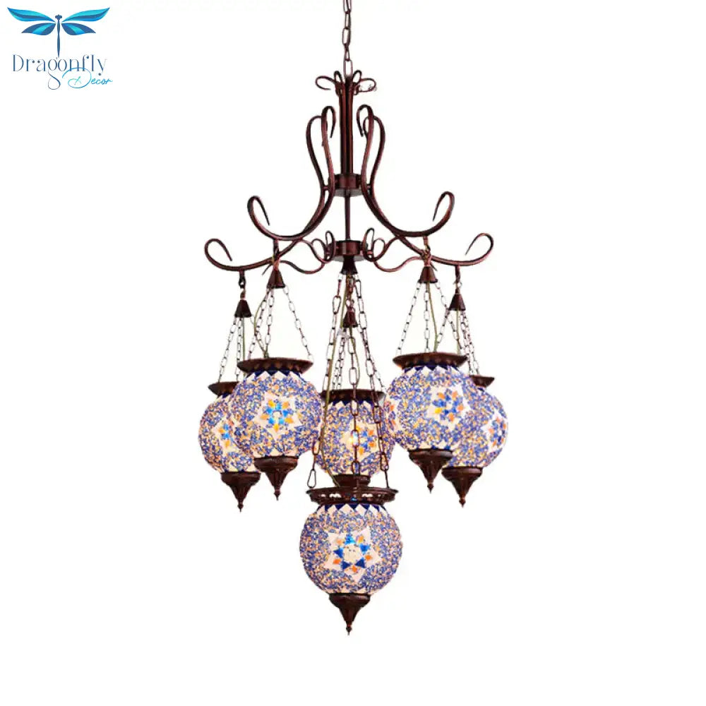 Hand Cut Glass Copper Chandelier Global 6 - Light Turkish Pendant Ceiling Light For Dining Room