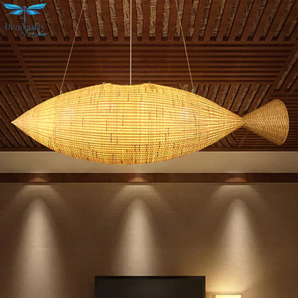 Hand Weaving Fish Bamboo Drop Lamp Chinese 2 Bulbs Beige Pendant Chandelier For Restaurant