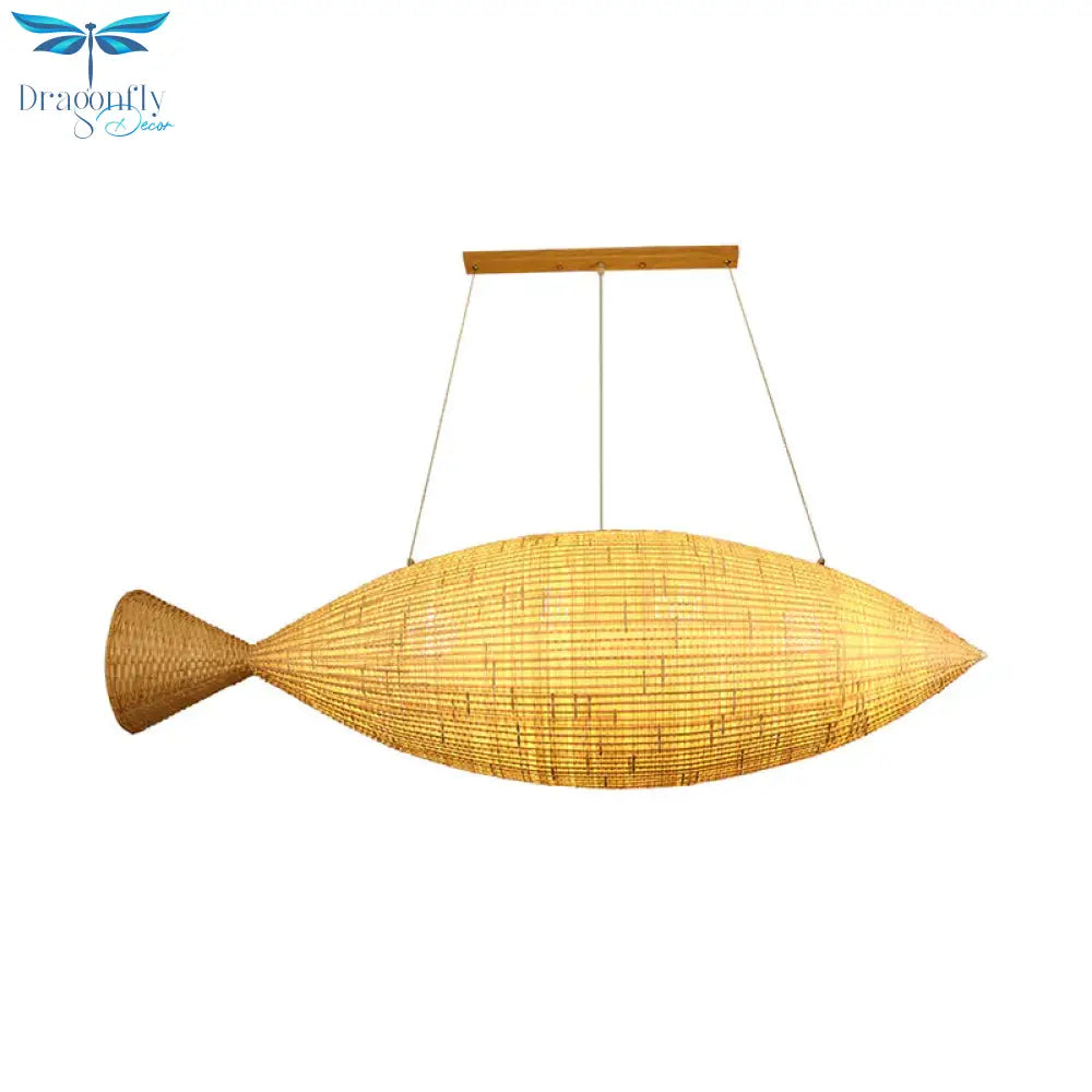 Hand Weaving Fish Bamboo Drop Lamp Chinese 2 Bulbs Beige Pendant Chandelier For Restaurant