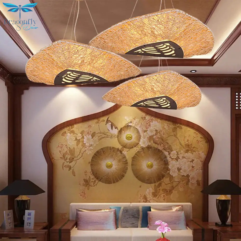 Hand - Worked Ceiling Chandelier Japanese Bamboo 3 Heads Hanging Pendant Light In Beige