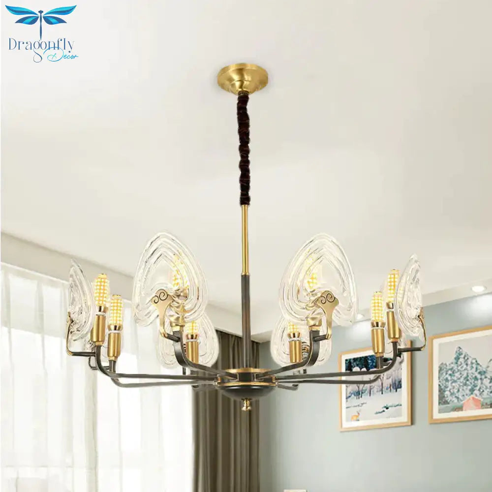 Heart - Shaped Bedroom Pendant Chandelier Colonial Clear Prismatic Glass 6/8 Bulbs Black And Gold