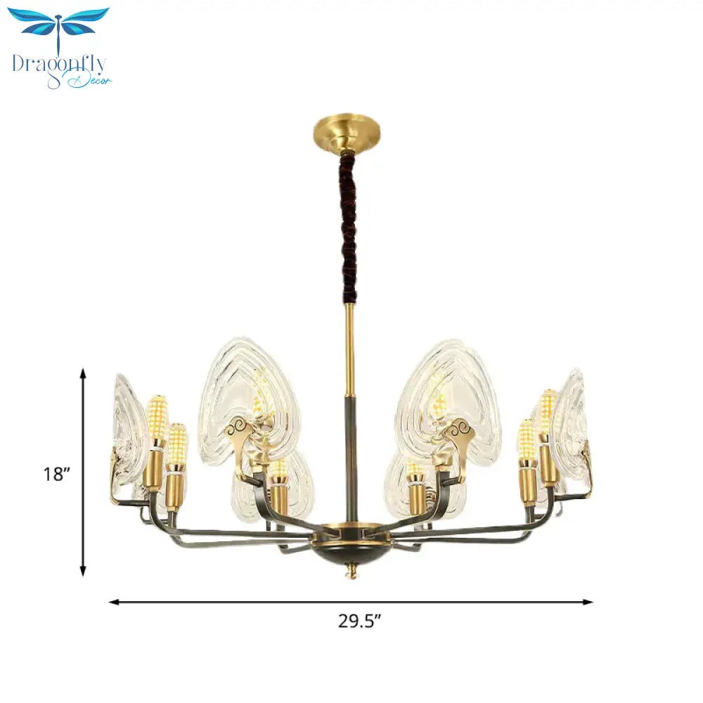 Heart - Shaped Bedroom Pendant Chandelier Colonial Clear Prismatic Glass 6/8 Bulbs Black And Gold