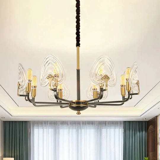 Heart - Shaped Bedroom Pendant Chandelier Colonial Clear Prismatic Glass 6/8 Bulbs Black And Gold