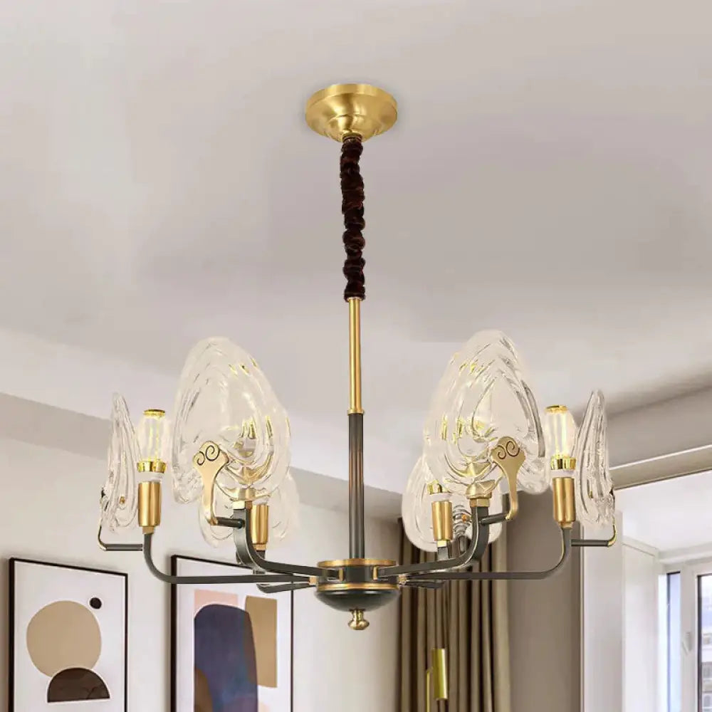 Heart - Shaped Bedroom Pendant Chandelier Colonial Clear Prismatic Glass 6/8 Bulbs Black And Gold