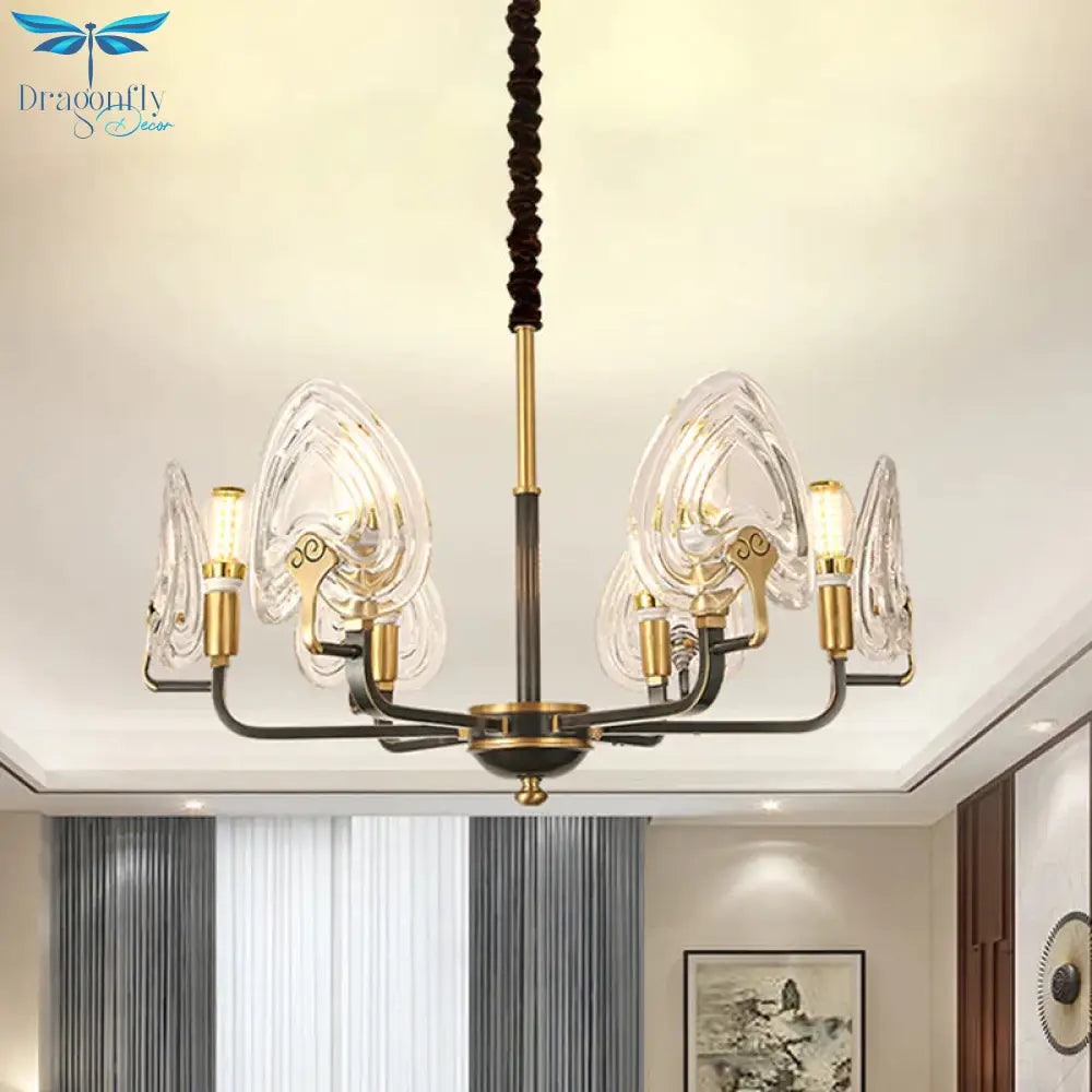 Heart - Shaped Bedroom Pendant Chandelier Colonial Clear Prismatic Glass 6/8 Bulbs Black And Gold