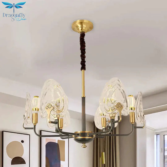 Heart - Shaped Bedroom Pendant Chandelier Colonial Clear Prismatic Glass 6/8 Bulbs Black And Gold