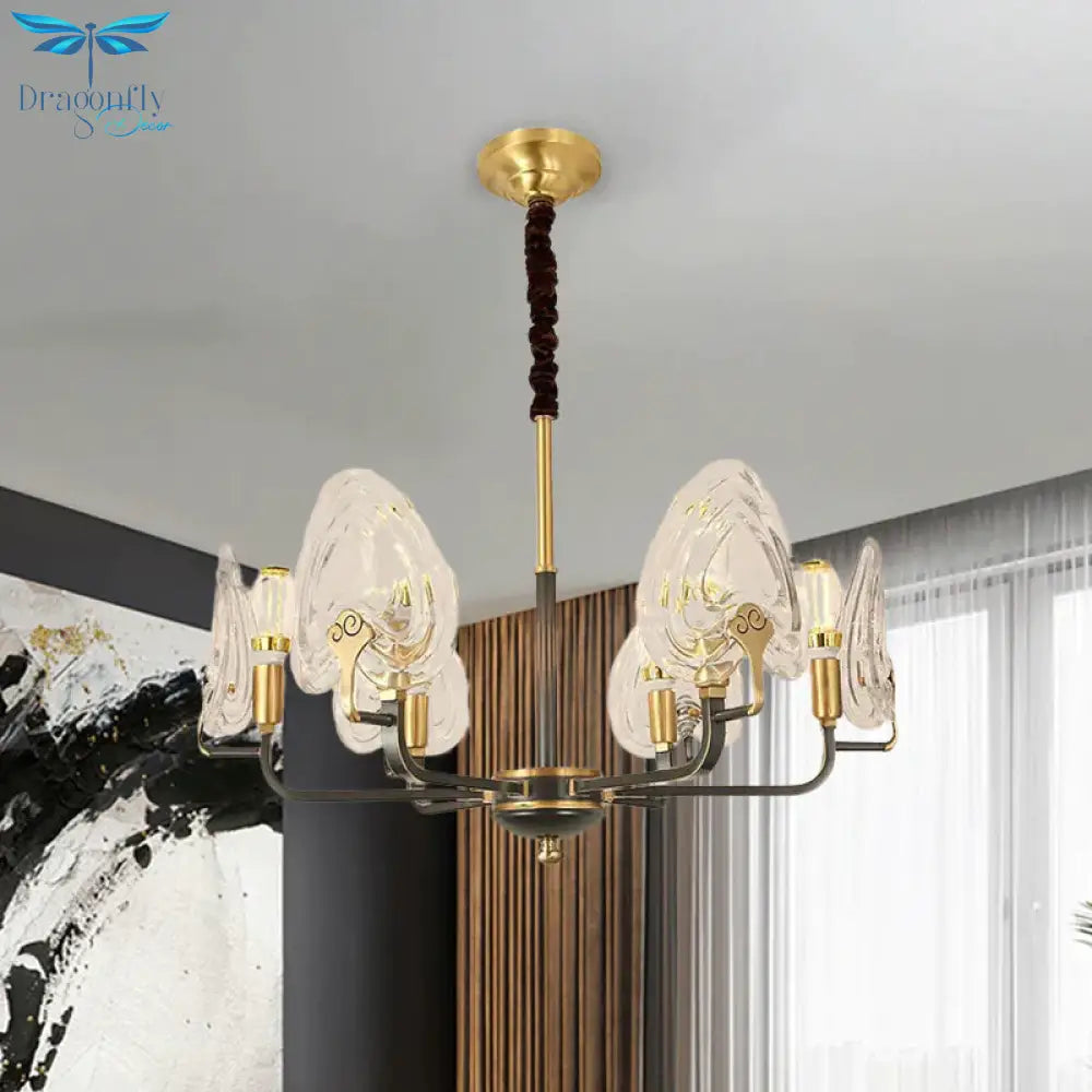 Heart - Shaped Bedroom Pendant Chandelier Colonial Clear Prismatic Glass 6/8 Bulbs Black And Gold