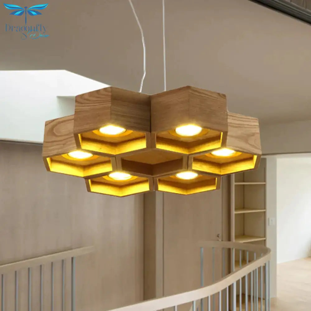 Honeycomb Chandelier Pendant Light Modern Wooden 6 - Light Living Room Ceiling Fixture