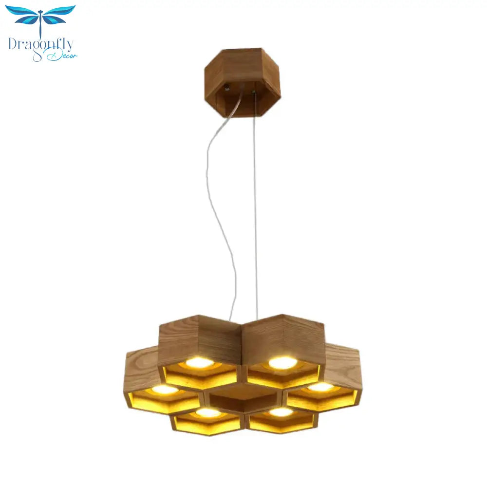 Honeycomb Chandelier Pendant Light Modern Wooden 6 - Light Living Room Ceiling Fixture