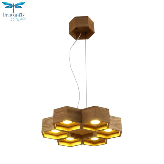 Honeycomb Chandelier Pendant Light Modern Wooden 6 - Light Living Room Ceiling Fixture