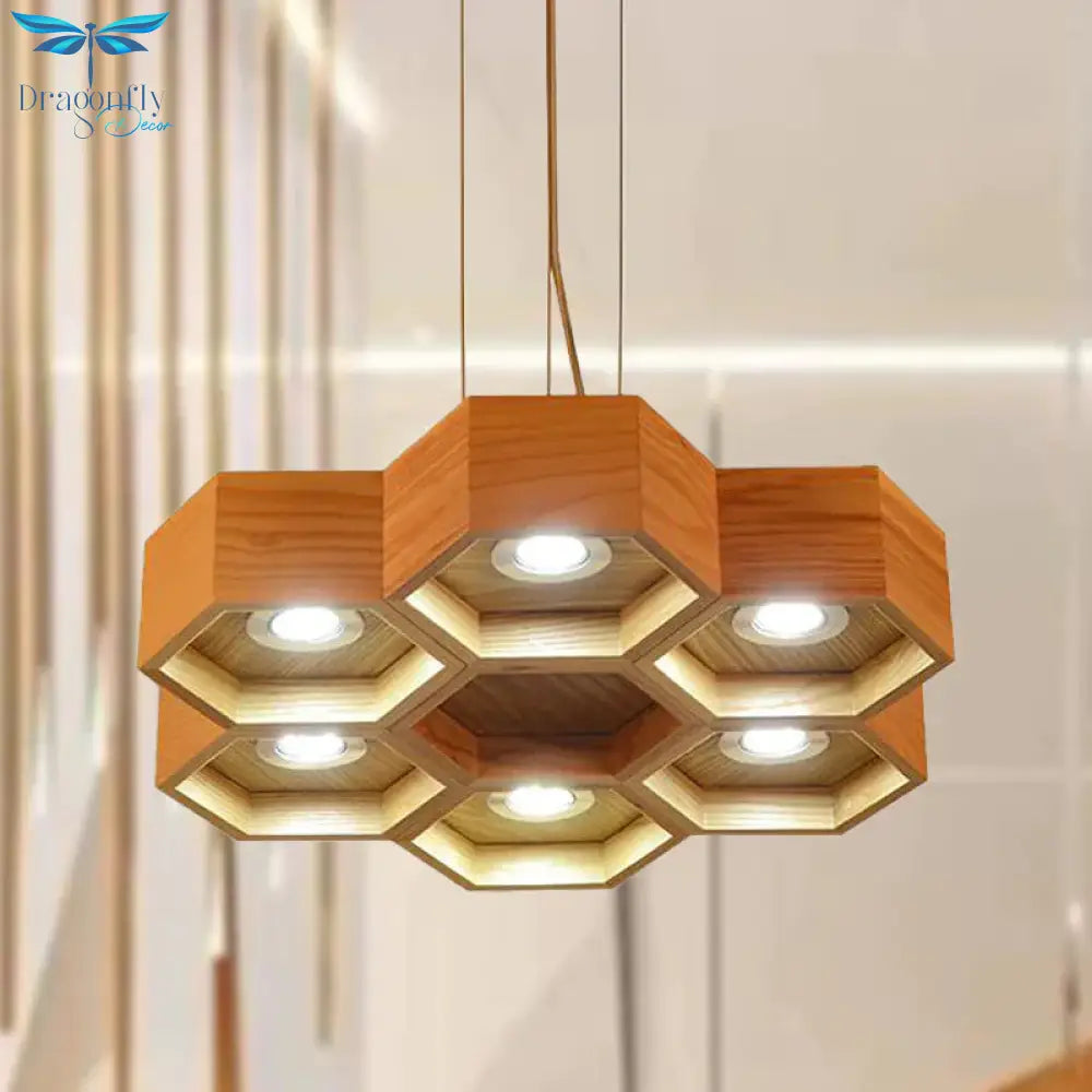 Honeycomb Wood Chandelier Light Contemporary 6 Heads Beige Hanging Pendant