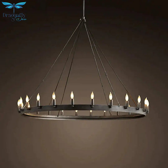 Industrial Black Iron Hanging Circular Chandelier Lamp