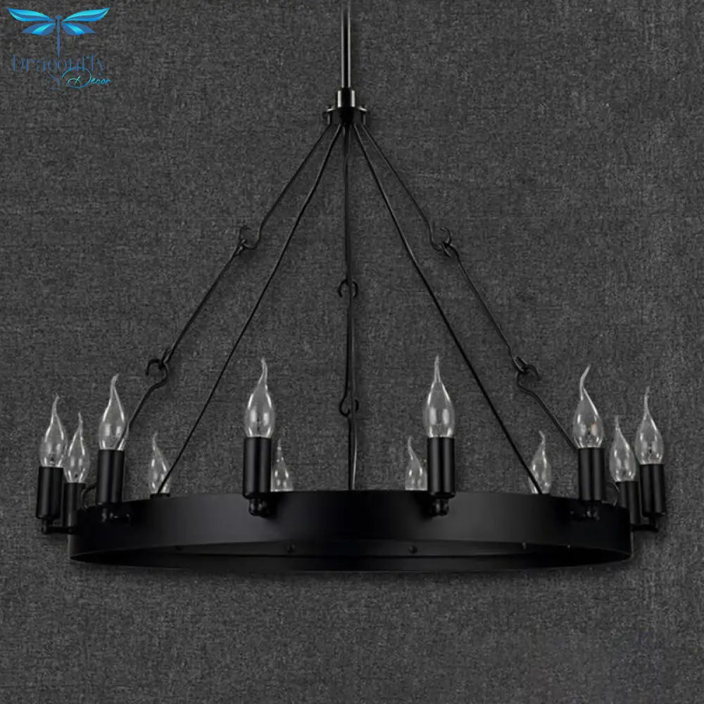 Industrial Black Iron Hanging Circular Chandelier Lamp