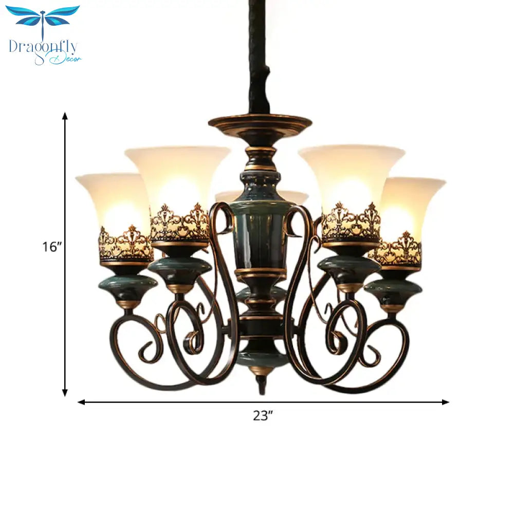 Industrial Style 3/5/6 - Bulb Chandelier With Bell Shade Opal Glass Rural Guest Room Suspension
