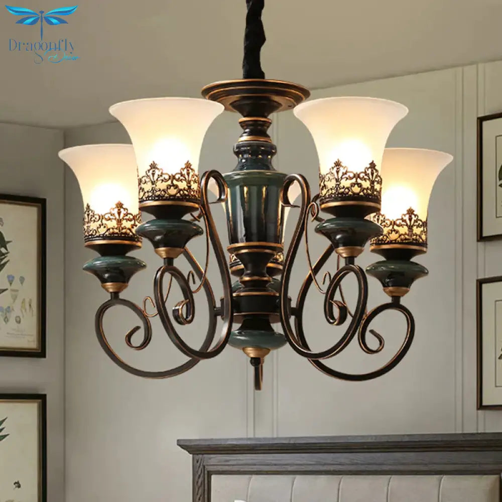 Industrial Style 3/5/6 - Bulb Chandelier With Bell Shade Opal Glass Rural Guest Room Suspension