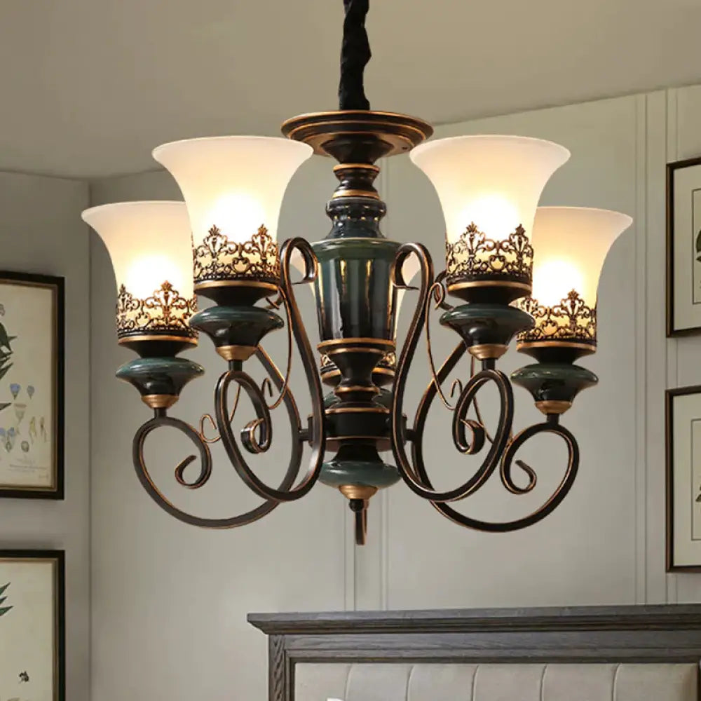 Industrial Style 3/5/6 - Bulb Chandelier With Bell Shade Opal Glass Rural Guest Room Suspension