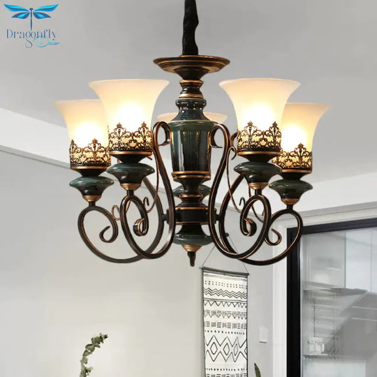 Industrial Style 3/5/6 - Bulb Chandelier With Bell Shade Opal Glass Rural Guest Room Suspension