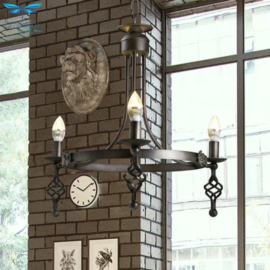 Iron Black Finish Hanging Chandelier Candelabra 3 - Light Rustic Suspension Pendant Light With