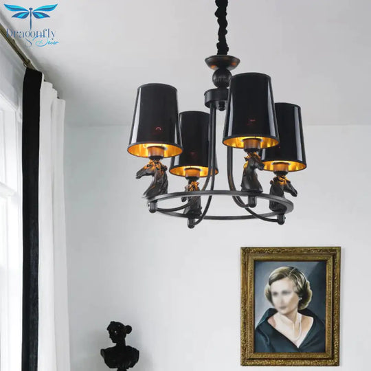 Iron Flared Chandelier Lamp Traditional 4/6/8 - Light Ceiling Pendant With Resin Detail In Black