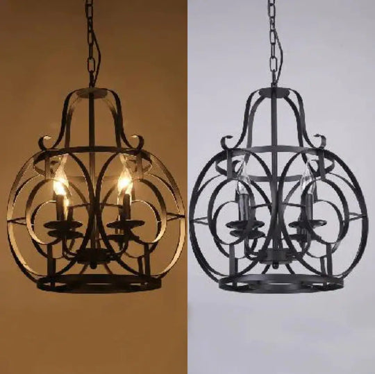 Iron Lantern Cage Suspension Light Vintage Stylish 4 Bulbs Restaurant Chandelier Pendant In Black