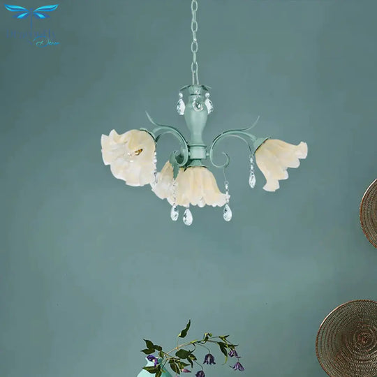 Ivory Glass Blue Pendant Lighting Scalloped 4/7/9 Heads Korean Flower Chandelier With Crystal Drop