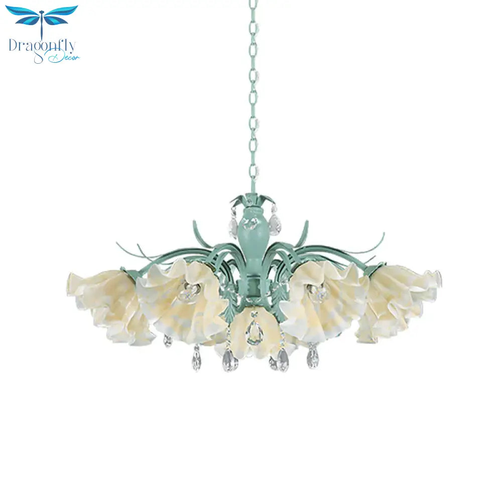 Ivory Glass Blue Pendant Lighting Scalloped 4/7/9 Heads Korean Flower Chandelier With Crystal Drop